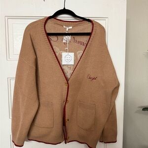 Western Beige Cardigan with Red Trim